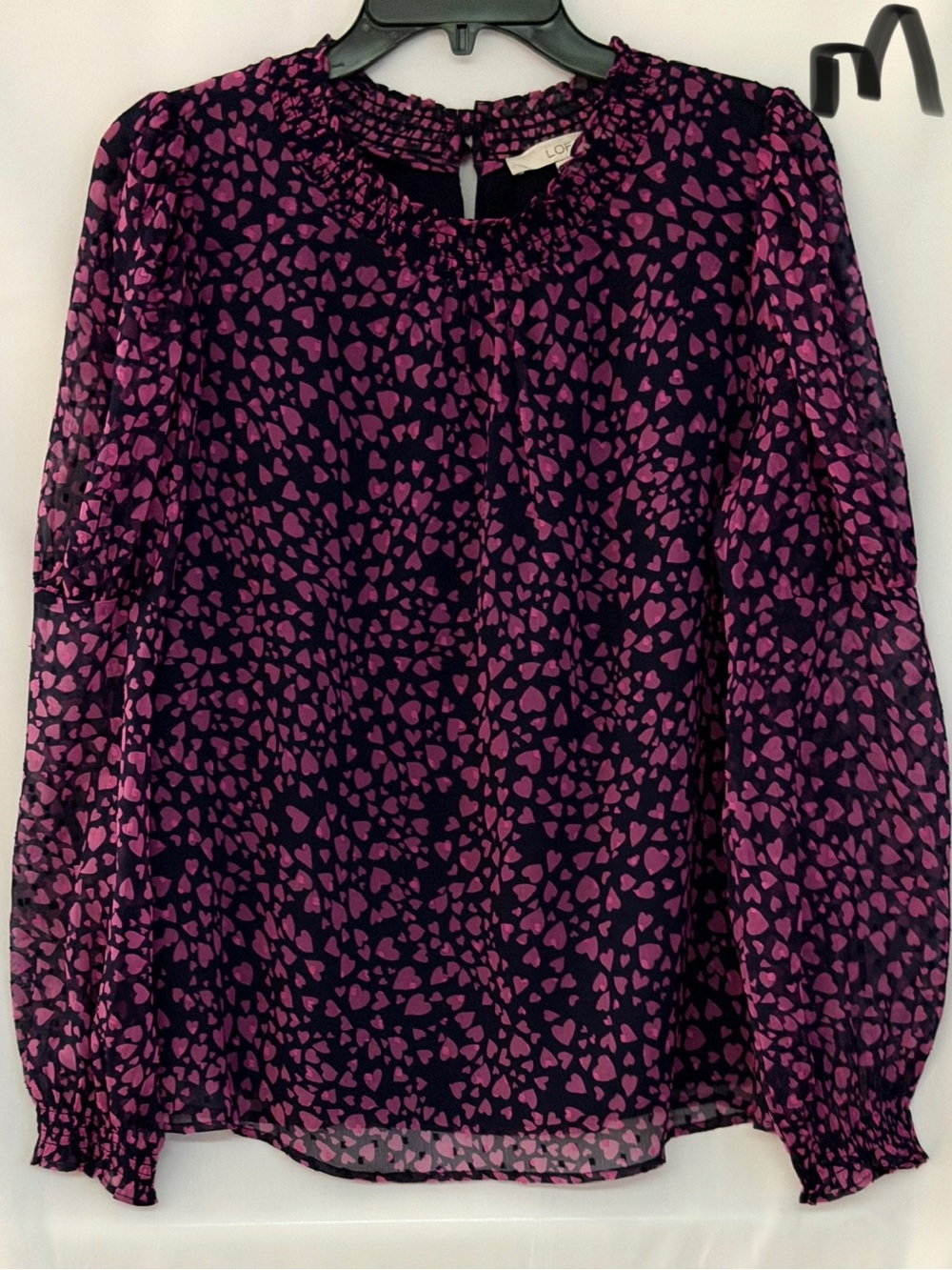 LOFT Navy and Purple Heart-Print Smocked Neck Blouse